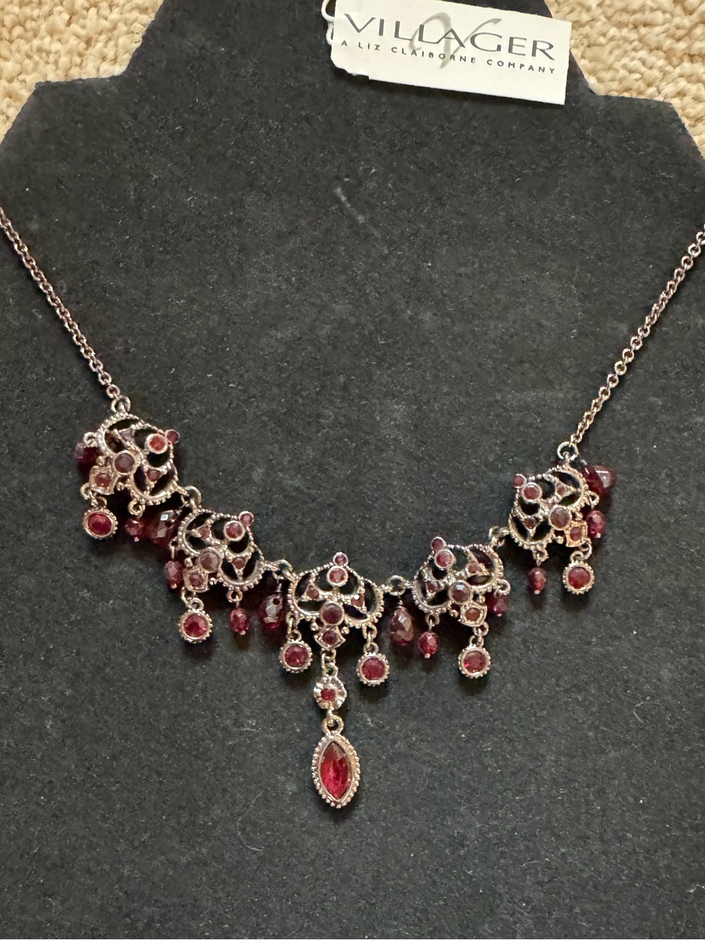 Vintage Villager by Liz Claireborn (Y2K)Garnet Drop Filigree Necklace